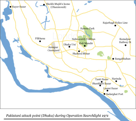 Map showing Pakistan attack point in Dhaka during Operation Searchlight, 1971